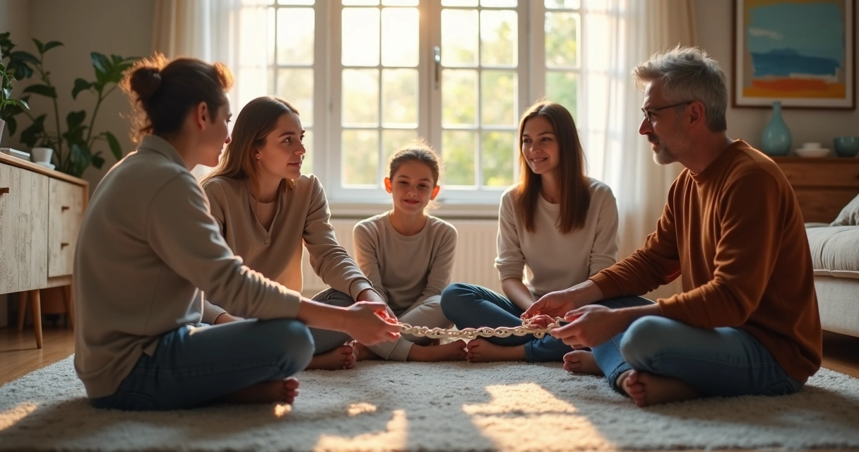 Família em sala de estar iluminada simbolizando quebra de padrões emocionais 