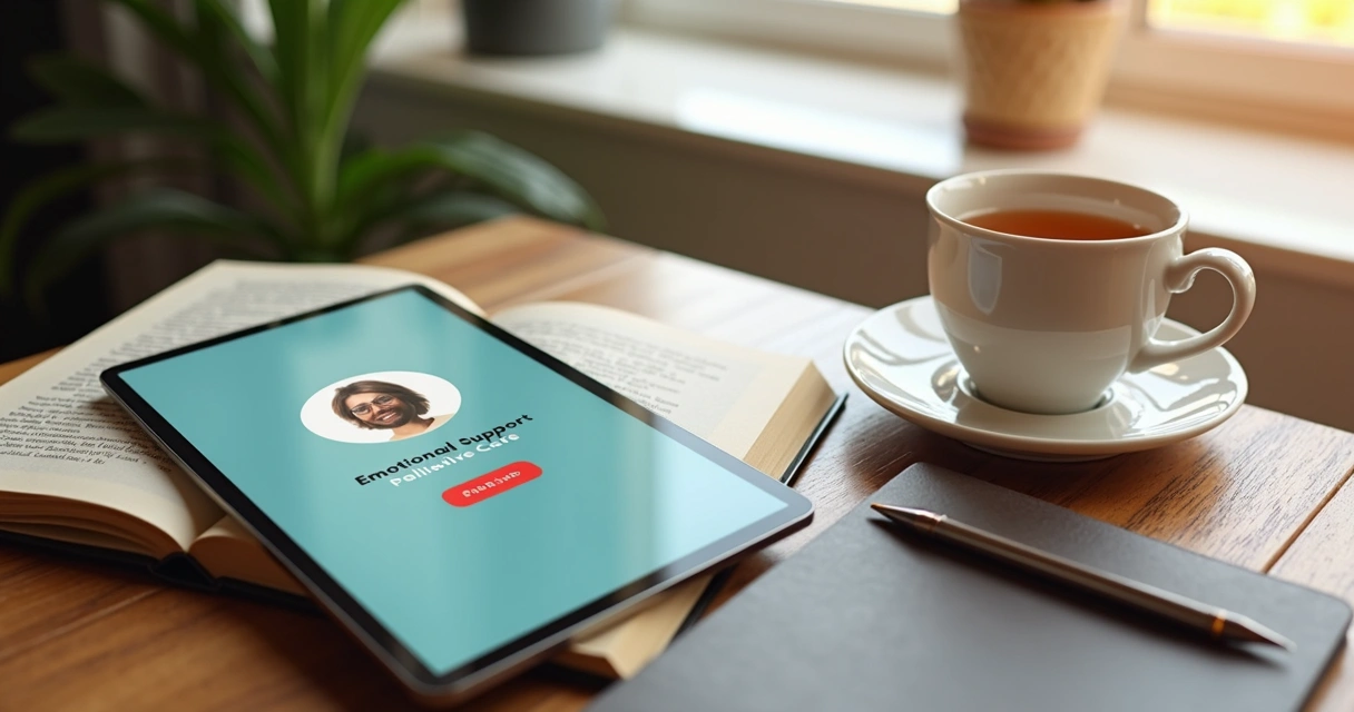 Mesa com um tablet exibindo aplicativo de suporte emocional ao lado de um livro aberto sobre cuidados paliativos, com cadernos, caneta e xícara de chá 
