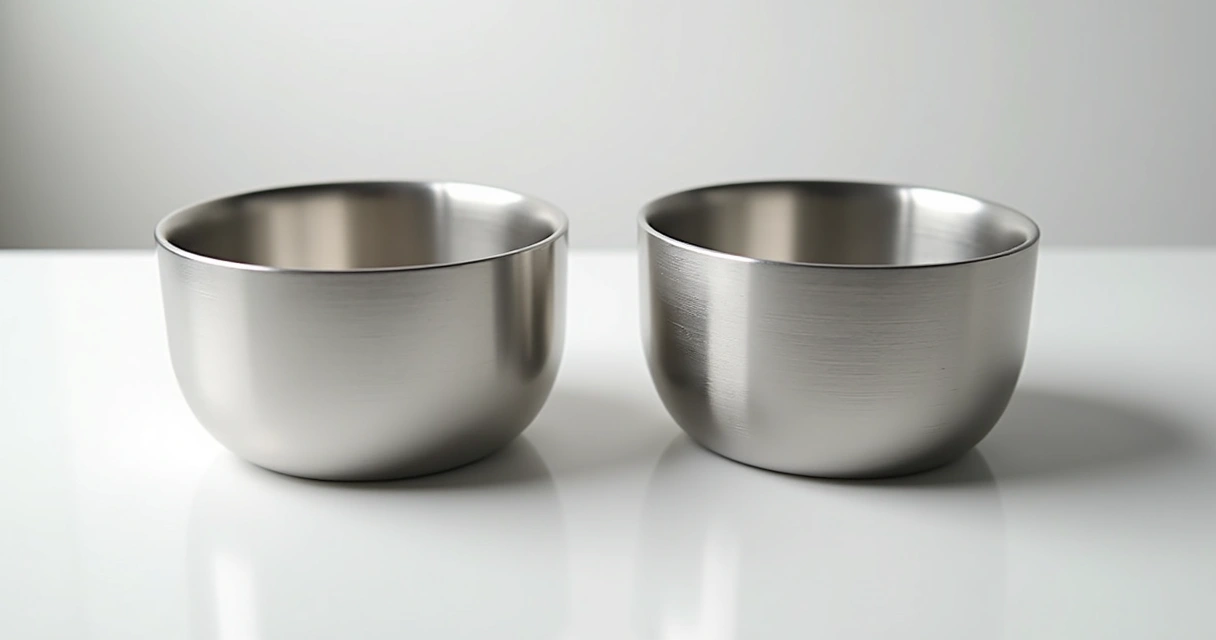 Comparação visual de peças de inox polido e escovado, lado a lado