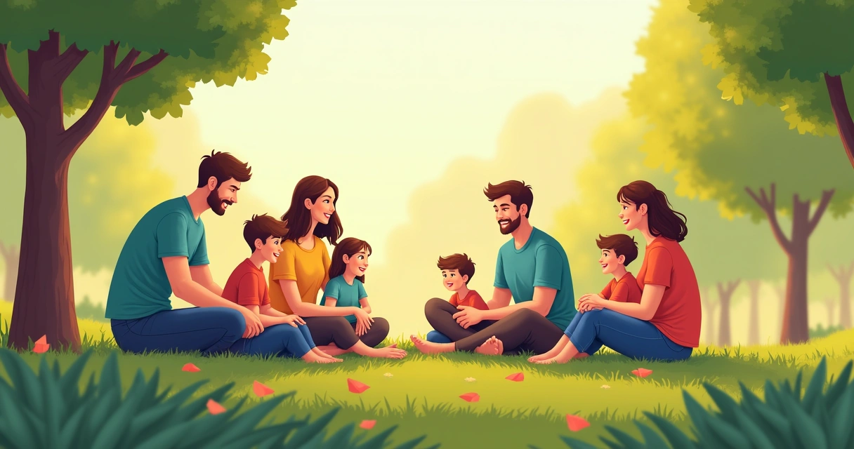 Famílias sentadas em roda conversando, com crianças brincando ao fundo 