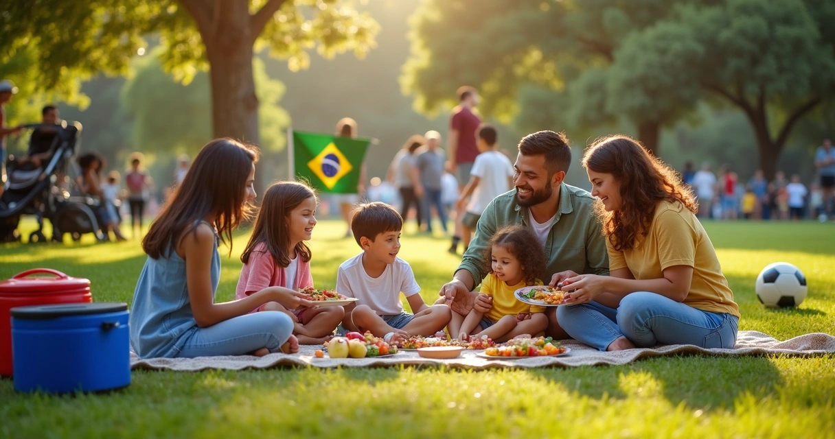 Grupo de famílias brasileiras sorrindo em piquenique no parque de Orlando 