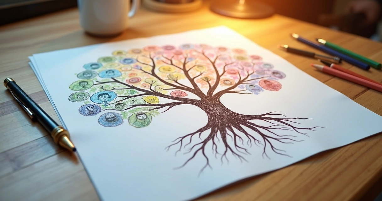 Desenho de árvore genealógica colorida com vários membros interligados