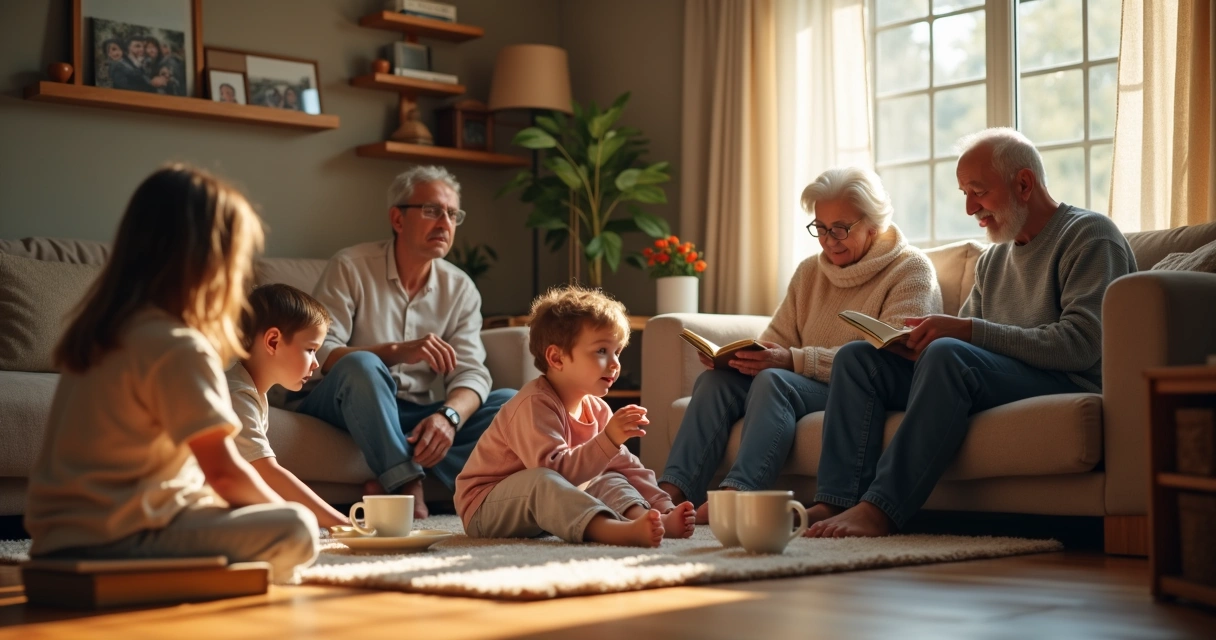 Famílias de diferentes gerações conversando em uma sala de estar