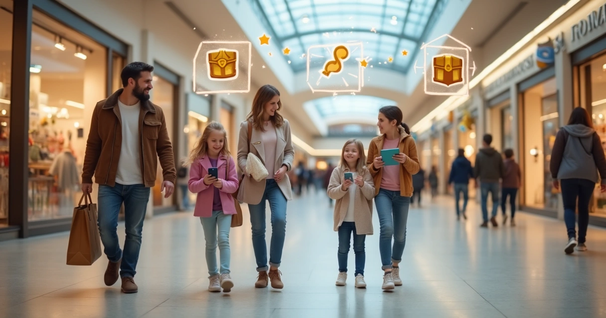 Famílias com crianças usando tablets em shopping, interagindo com elementos gamificados. 