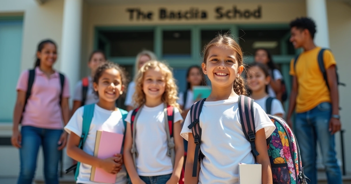 Família sorrindo com criança usando uniforme escolar