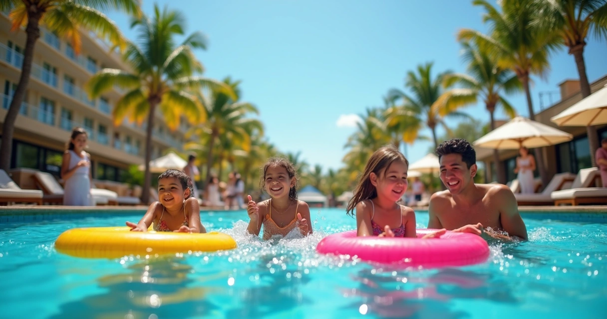 Família com crianças brincando na piscina do resort 