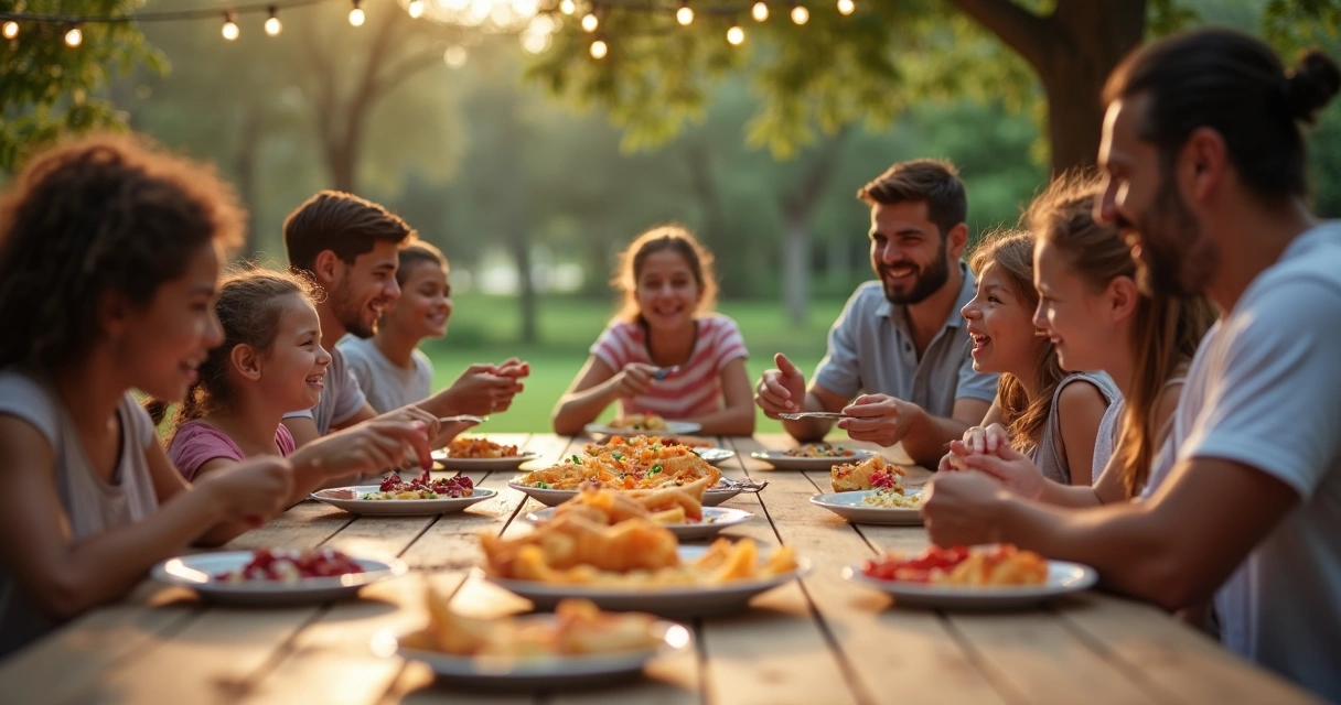 Famílias celebrando ao redor de uma mesa com variedade de pratos em Orlando. 