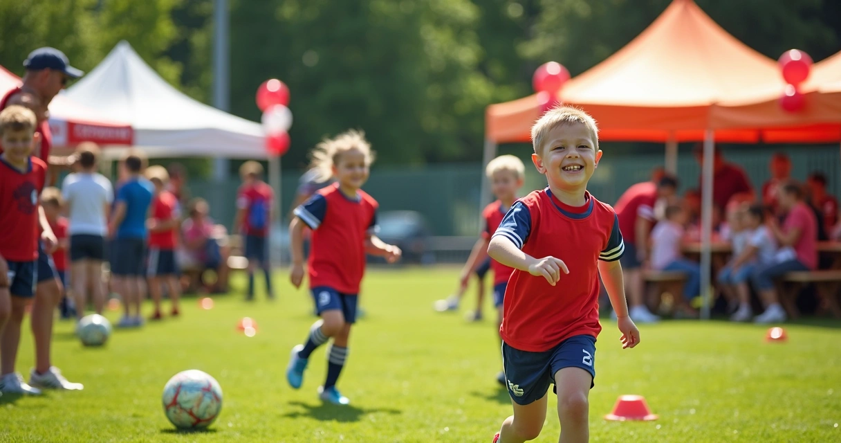 Pais e alunos participando de evento em escola de futebol