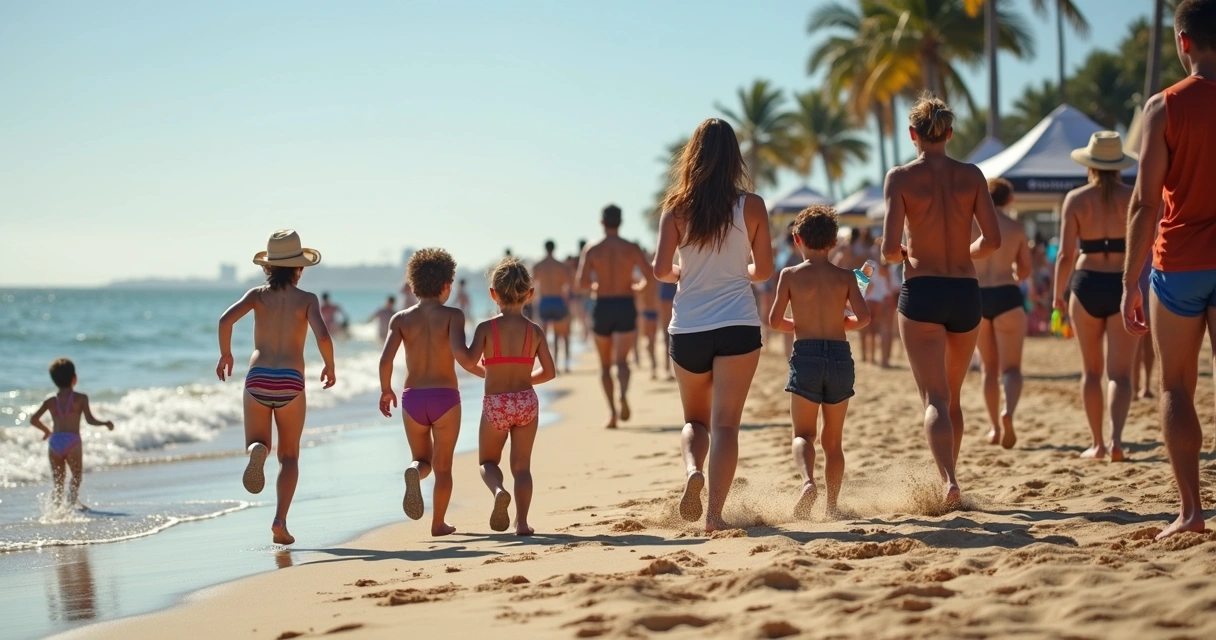 Famílias assistindo e torcendo em evento esportivo de praia