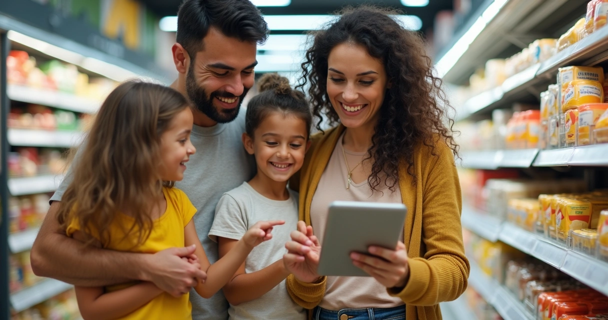 Família segurando tablet com aplicativo de compras aberto no supermercado 