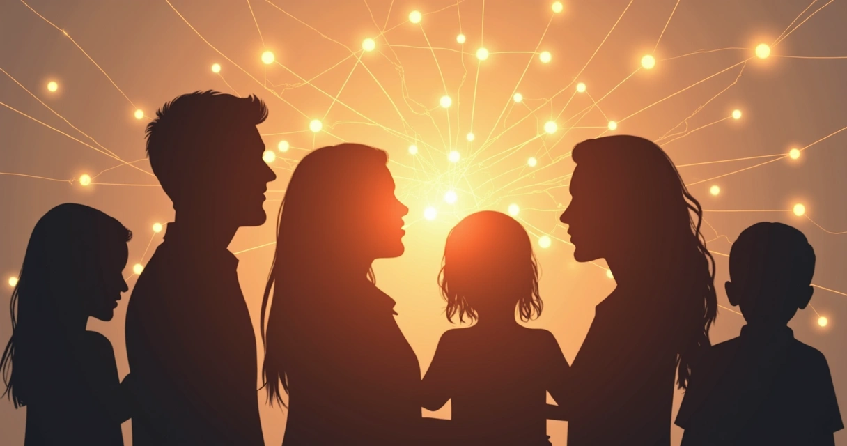 Rede de silhuetas de várias famílias conectadas por linhas brilhantes de energia sobre fundo neutro