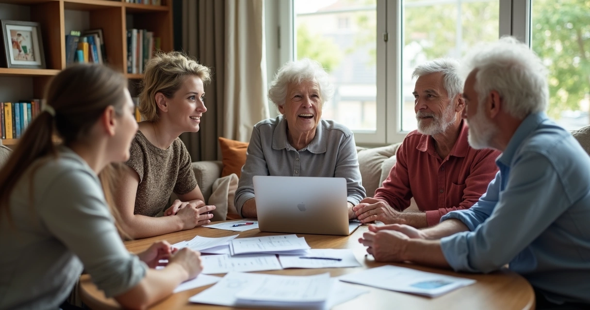 Família de diferentes gerações discutindo em uma sala sobre trabalho e carreira