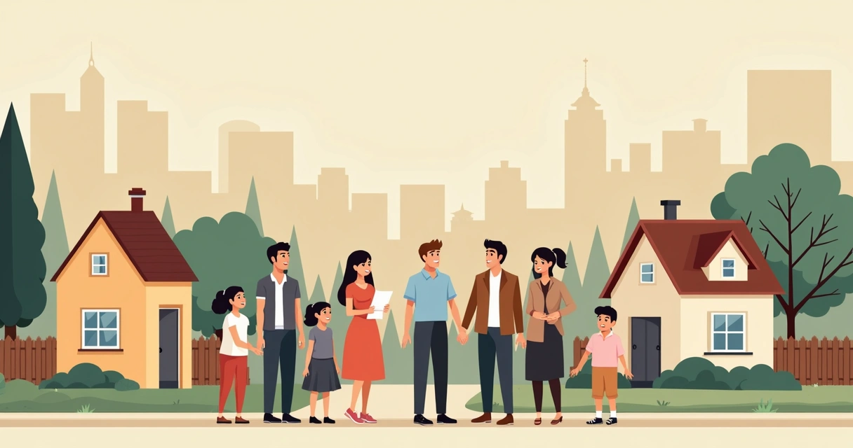 Famílias em frente a casas aguardando regularização de imóveis 