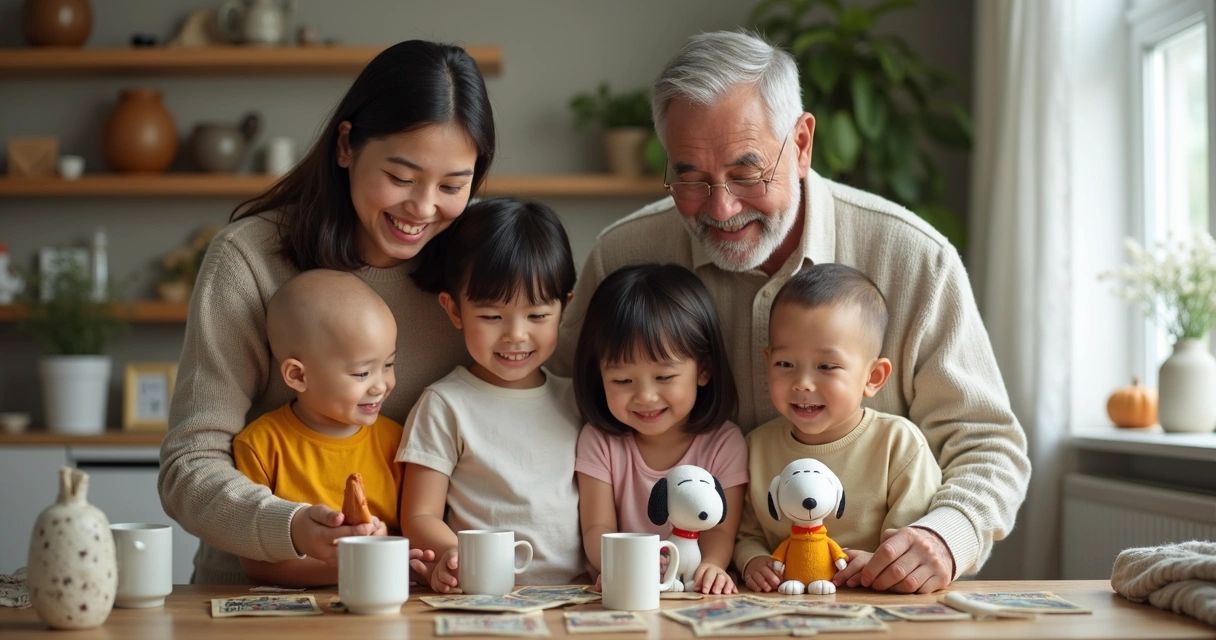 Família de gerações diferentes observando produtos Snoopy