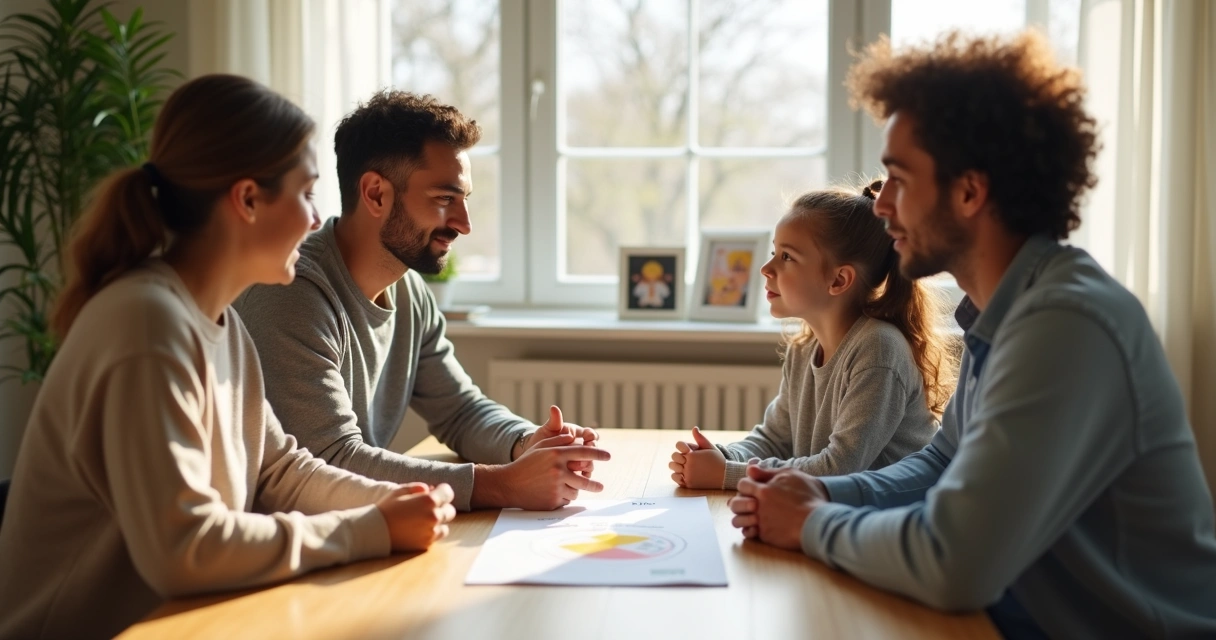 Family sitting at a kitchen table making a thoughtful joint decision 