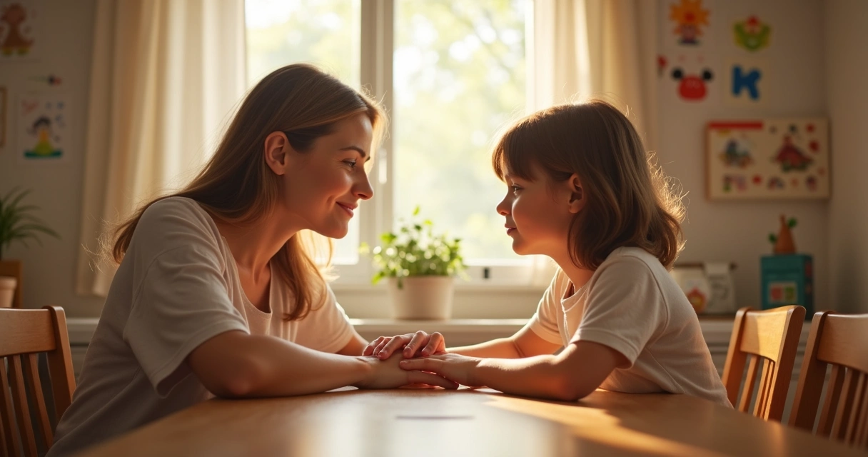 Child sitting with parent at a table, looking thoughtful, with gentle lighting