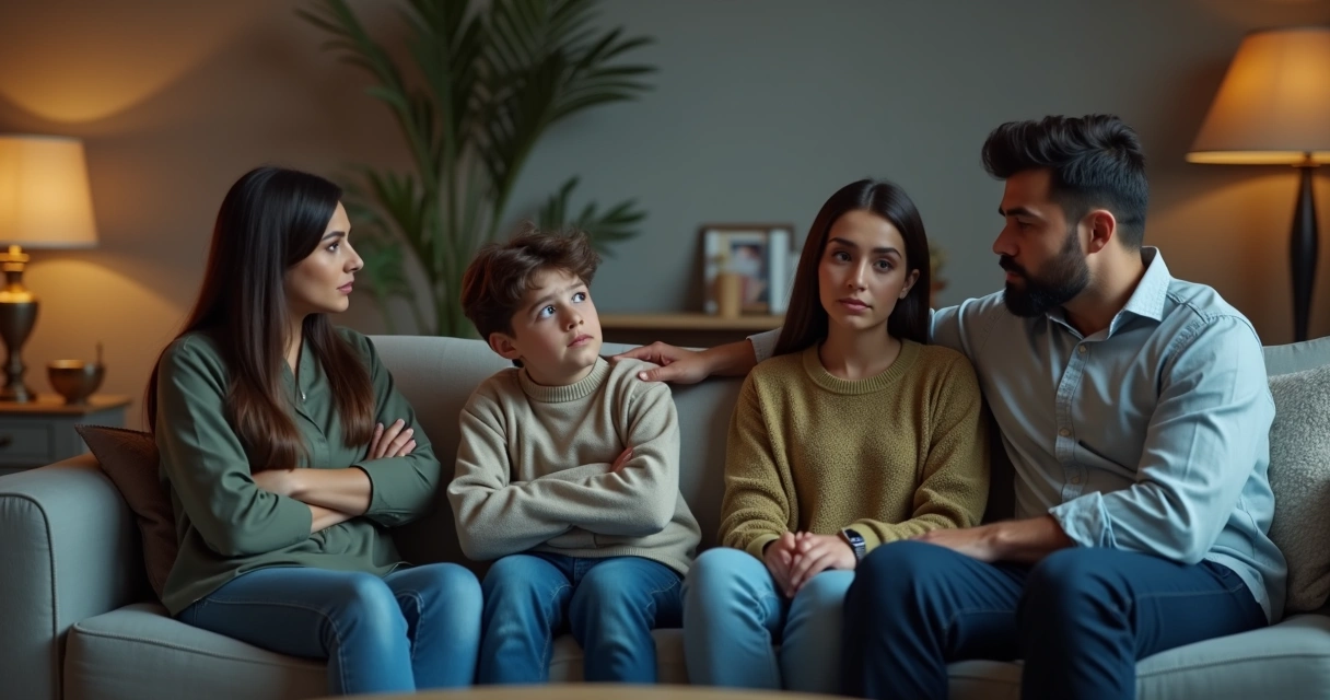 Family having tense discussion in a living room 
