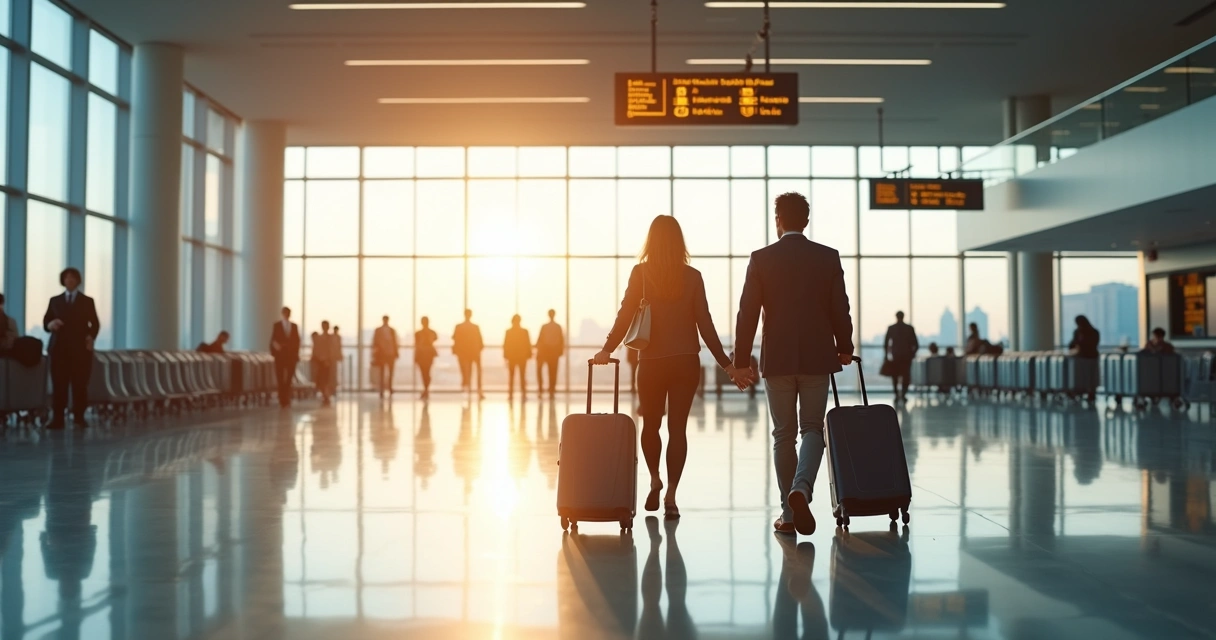 Family with suitcases arriving at a U.S. airport 