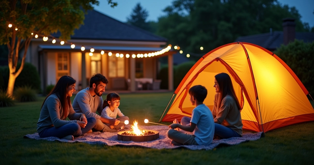 Family camping in the backyard at night with string lights