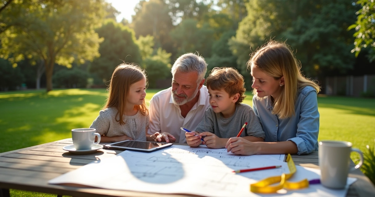 Family reviewing backyard plans at a table with blueprints and a digital tablet