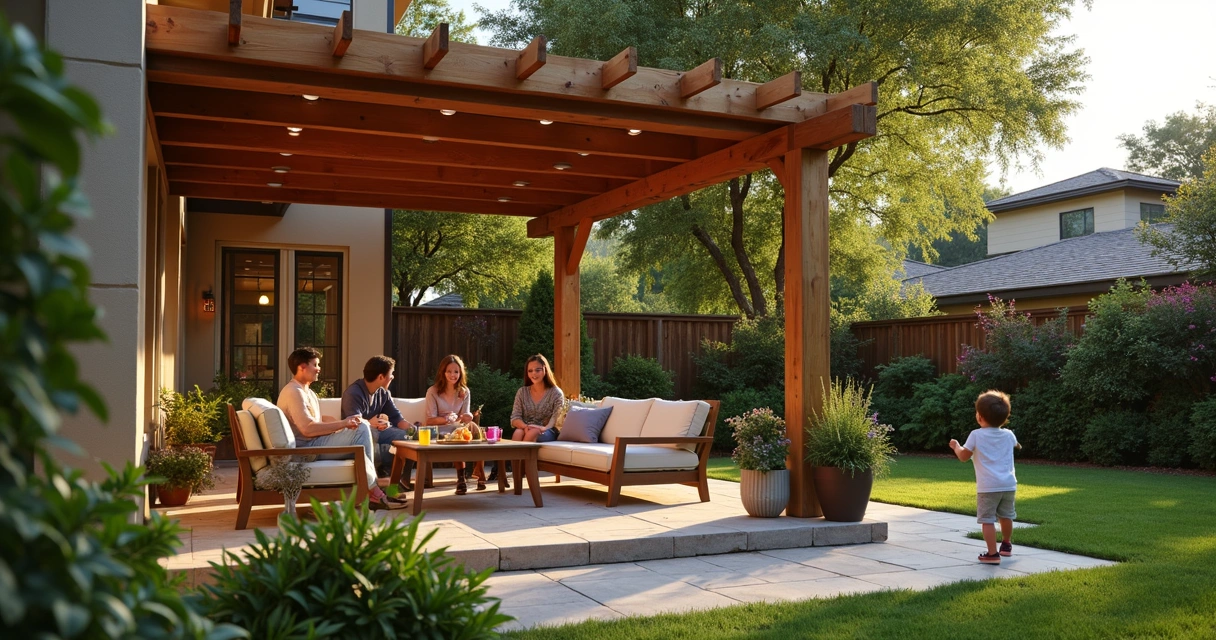 Family enjoying a new pergola in a backyard 