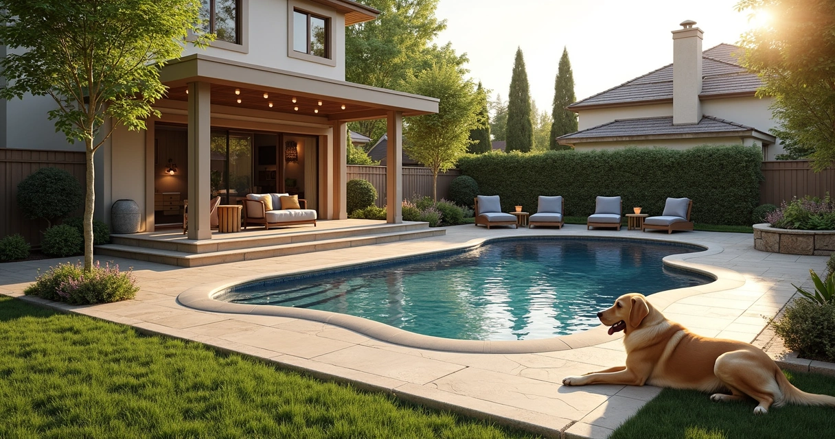 3D backyard design with pool, play area, and pergola