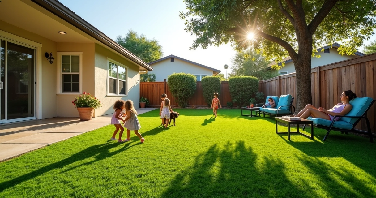 Family enjoying backyard with both turf and sod areas 