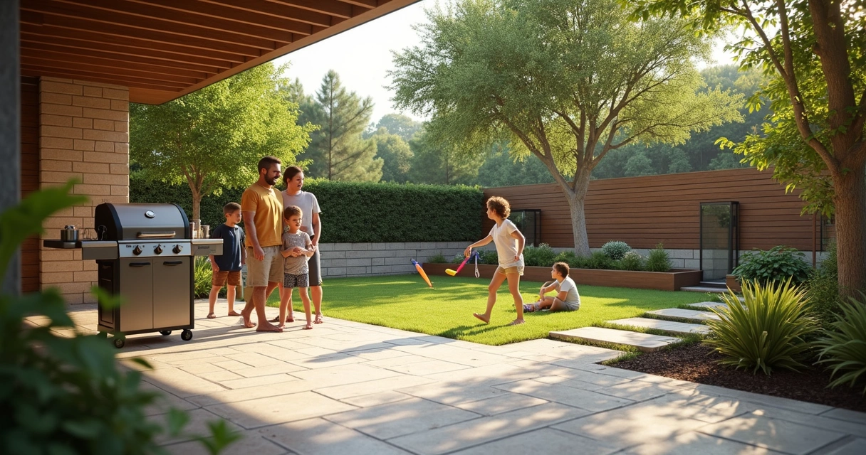 Family BBQ area with safe play zone and barriers 