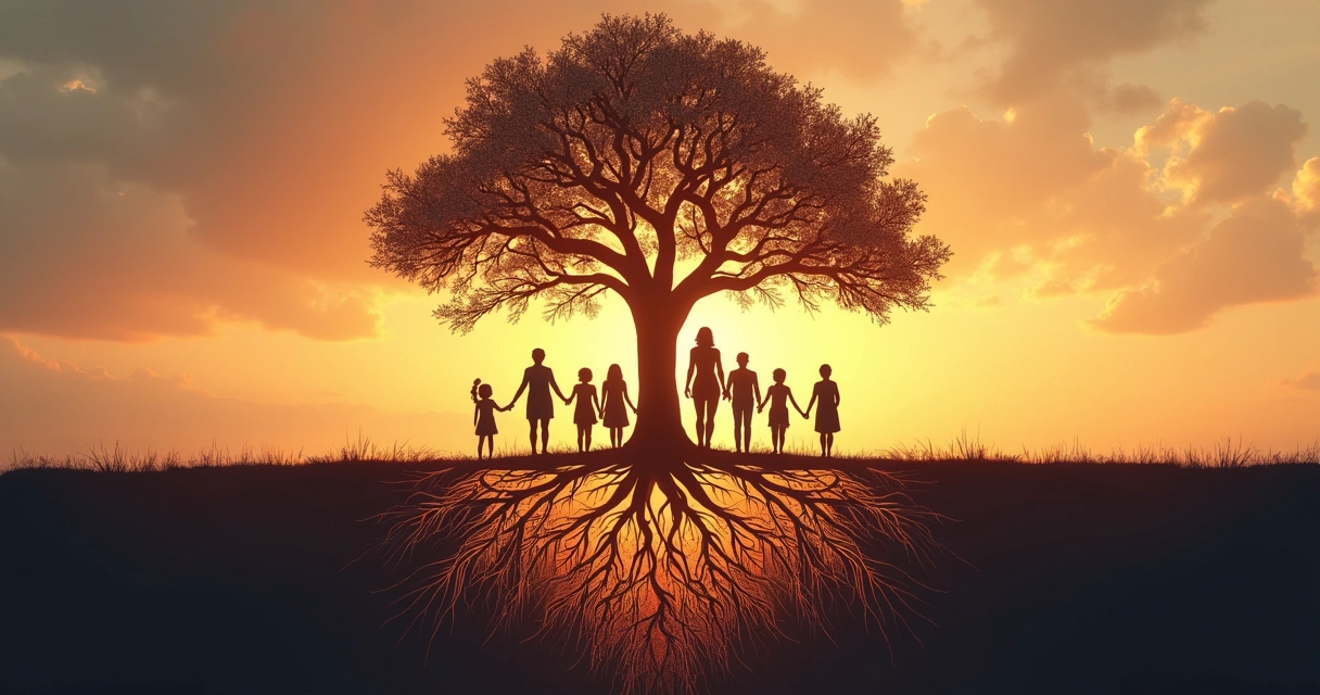 Interconnected family tree with roots and silhouettes of family members, illustrating unseen emotional connections 
