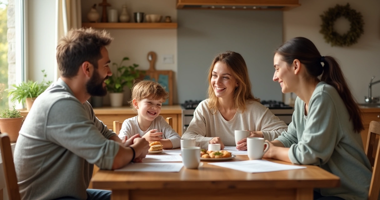 Family sitting together at kitchen table in conversation, calmly discussing boundaries 