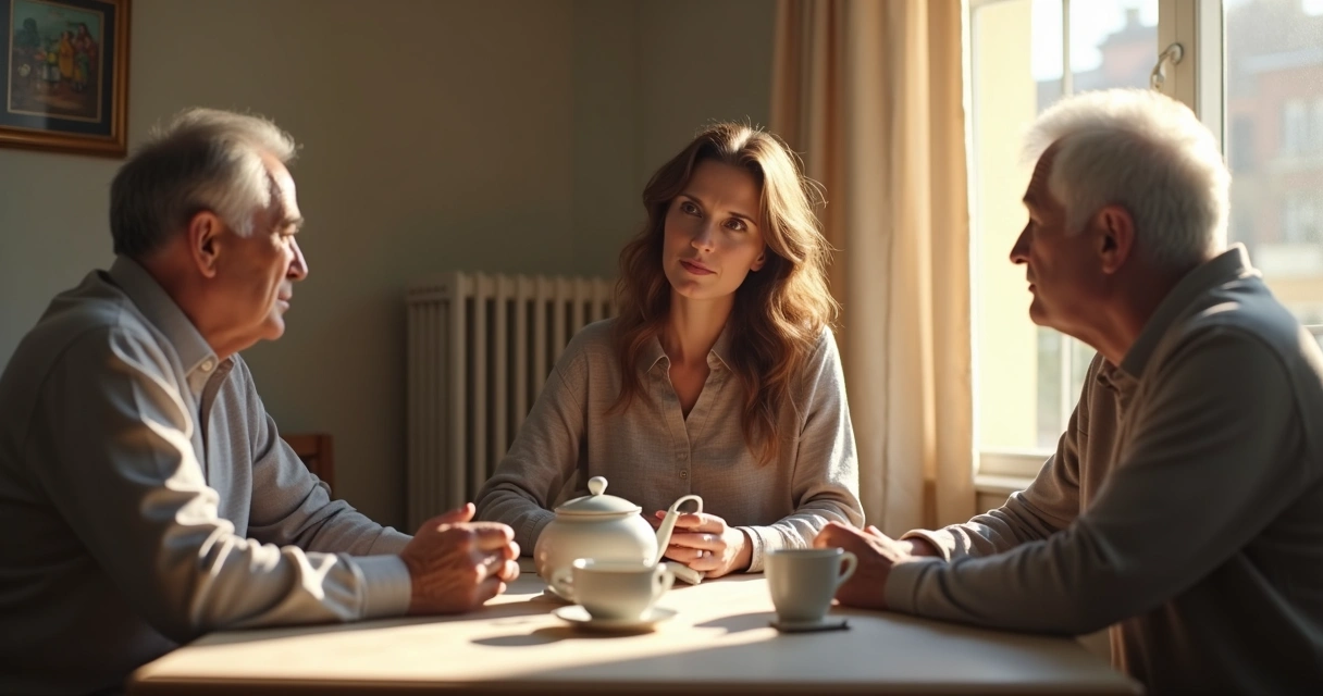 Adult daughter and older parents sitting at a dining table, discussing calmly.