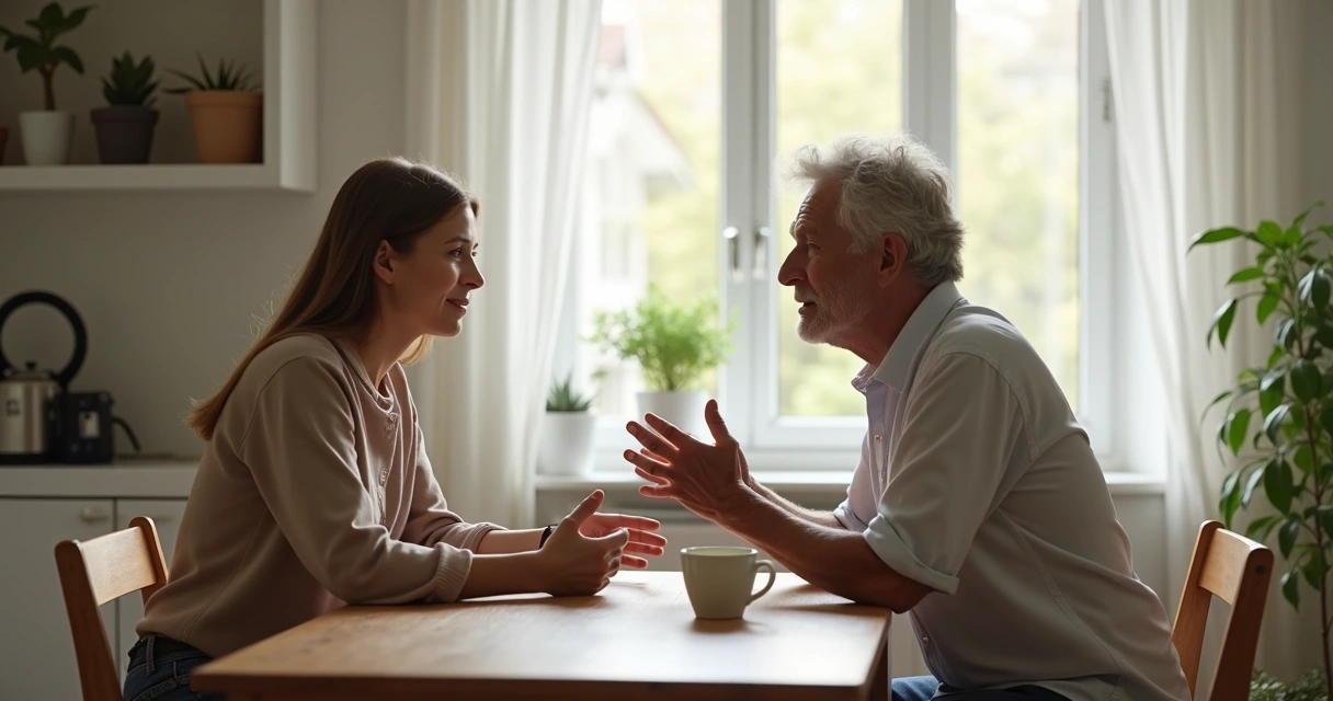 Two people having a calm conversation at home, focusing attentively on each other