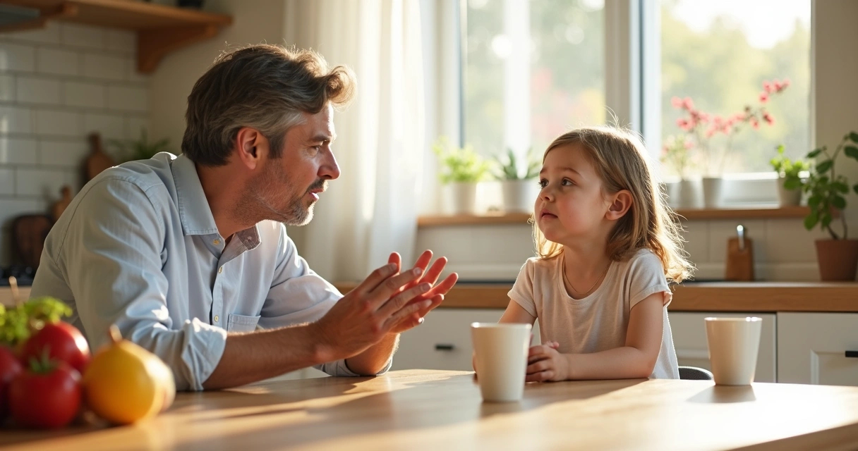 Parent discussing boundaries with child at kitchen table