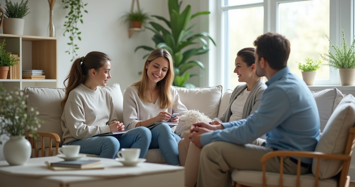 Family sitting with calm distance in a living room discussion 