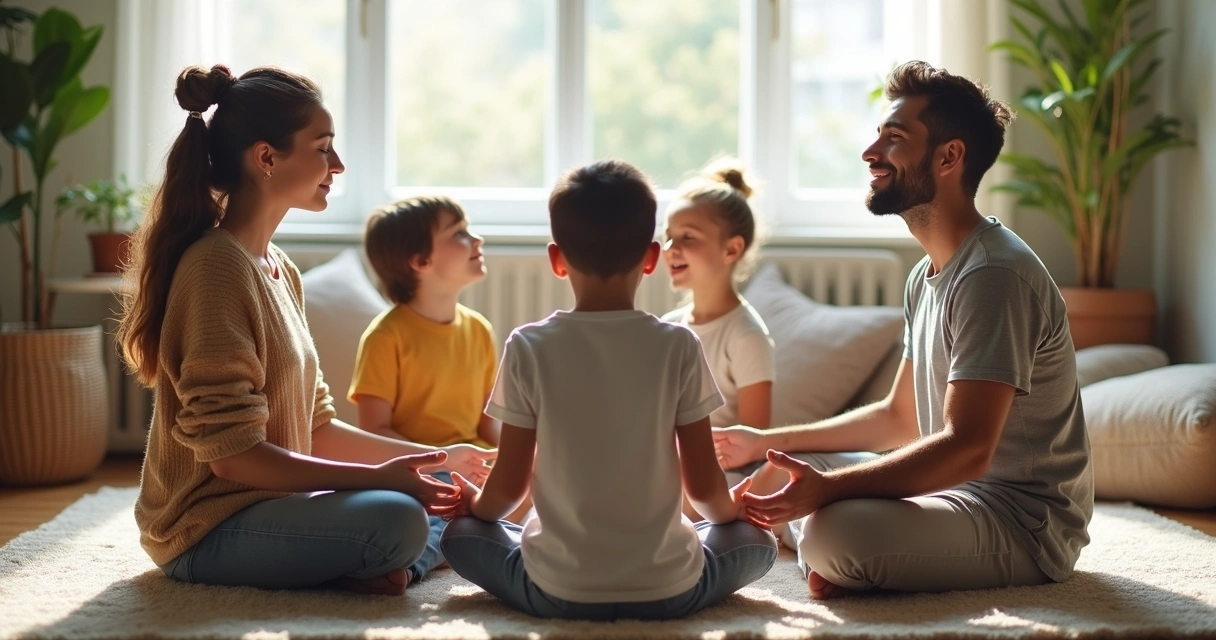 Family practicing a breathing exercise together at home 