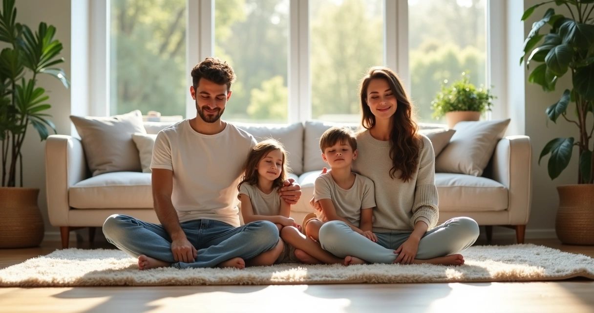 Family sitting together practicing a breathing exercise