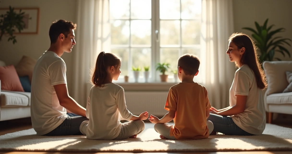 Family sitting together on the living room floor, breathing calmly 