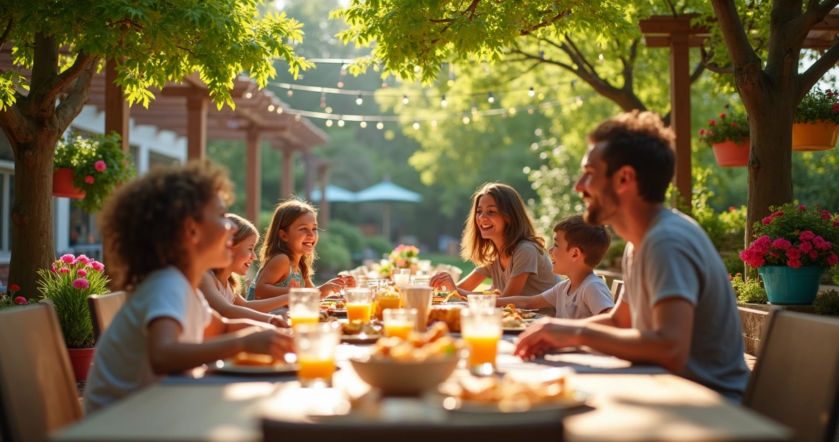 Family with children enjoying brunch on a large patio table shaded by trees