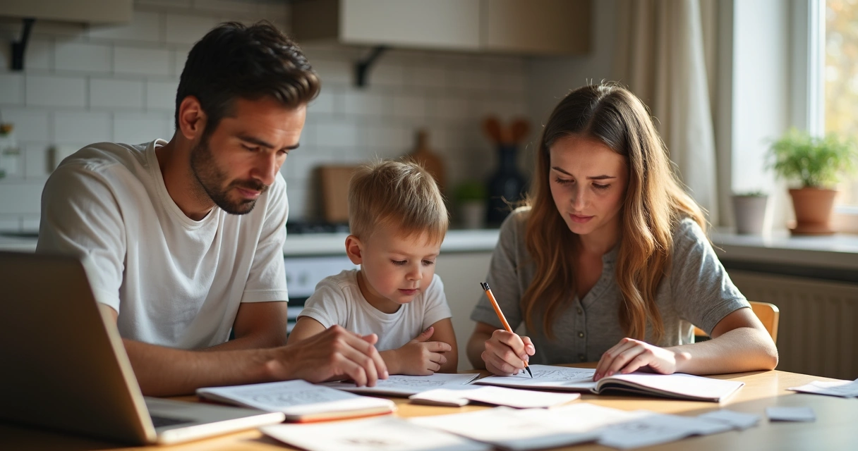 Family reviewing bills and budget at home table