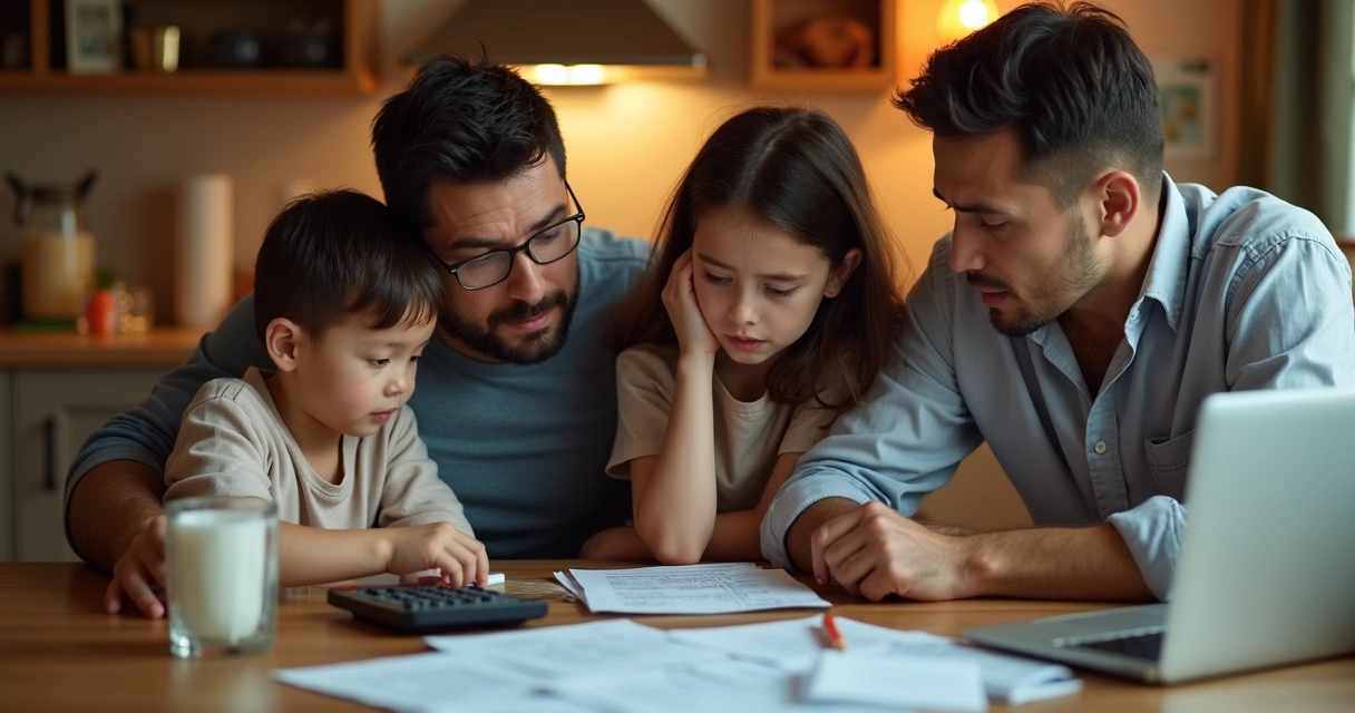 Family at table planning household budget with receipts and calculator 