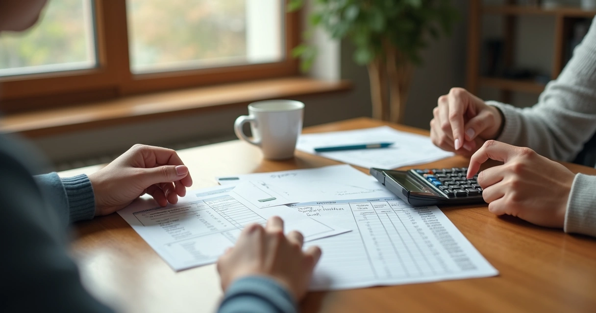 Family budget notes and calculator on a kitchen table 