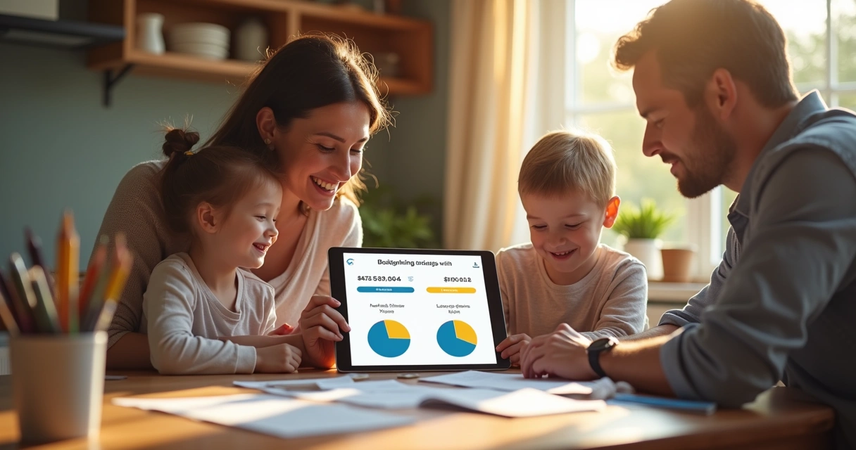 Família usando aplicativo de orçamento em tablet junta à mesa