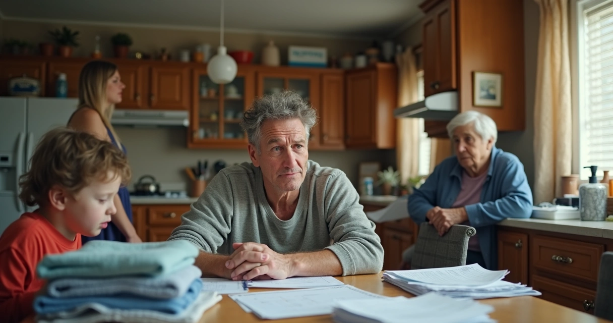 Overburdened caregiver sitting at a kitchen table, surrounded by tasks, while family members look on