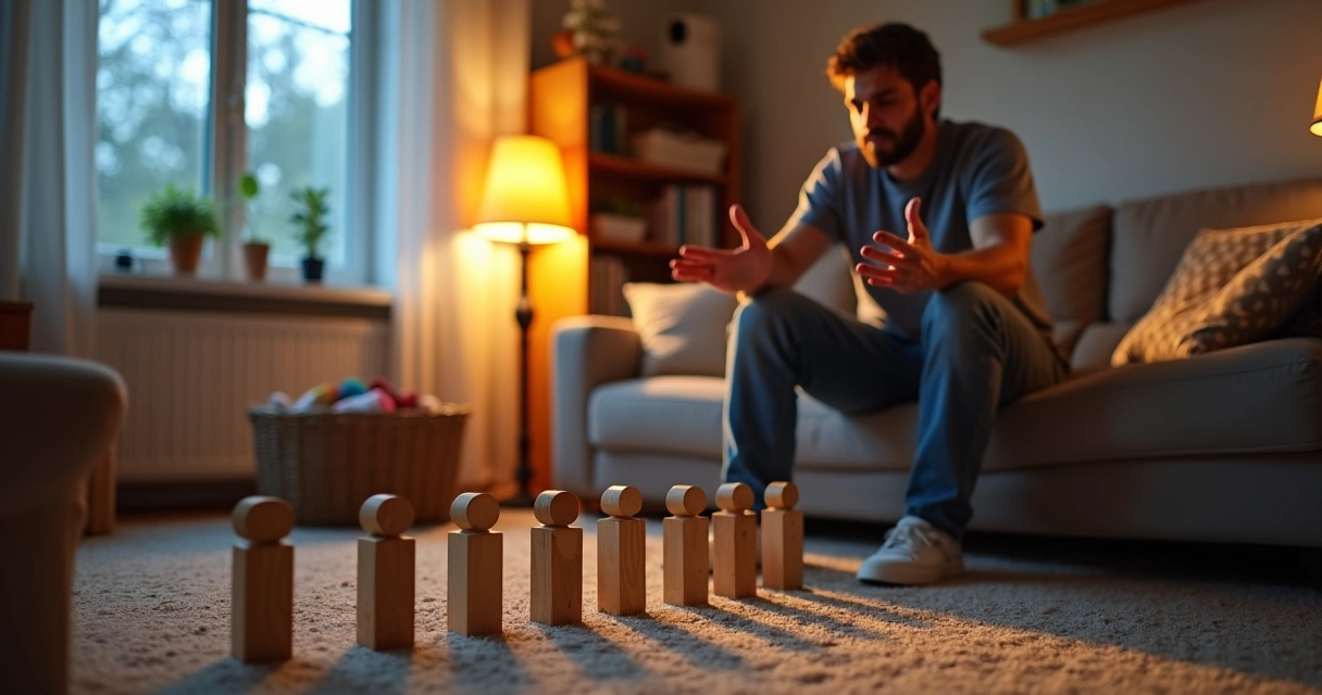 Tired parent holding falling family domino pieces in a cozy living room 