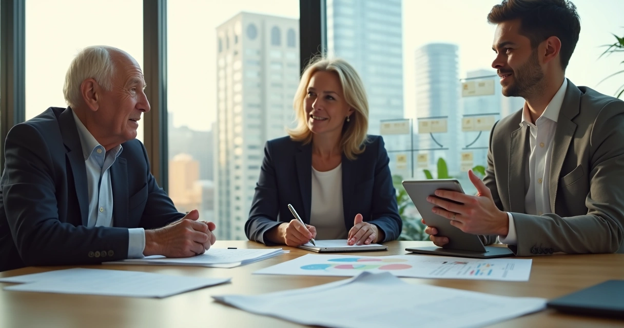 Three generations of a family discussing in a modern office with documents on the table 