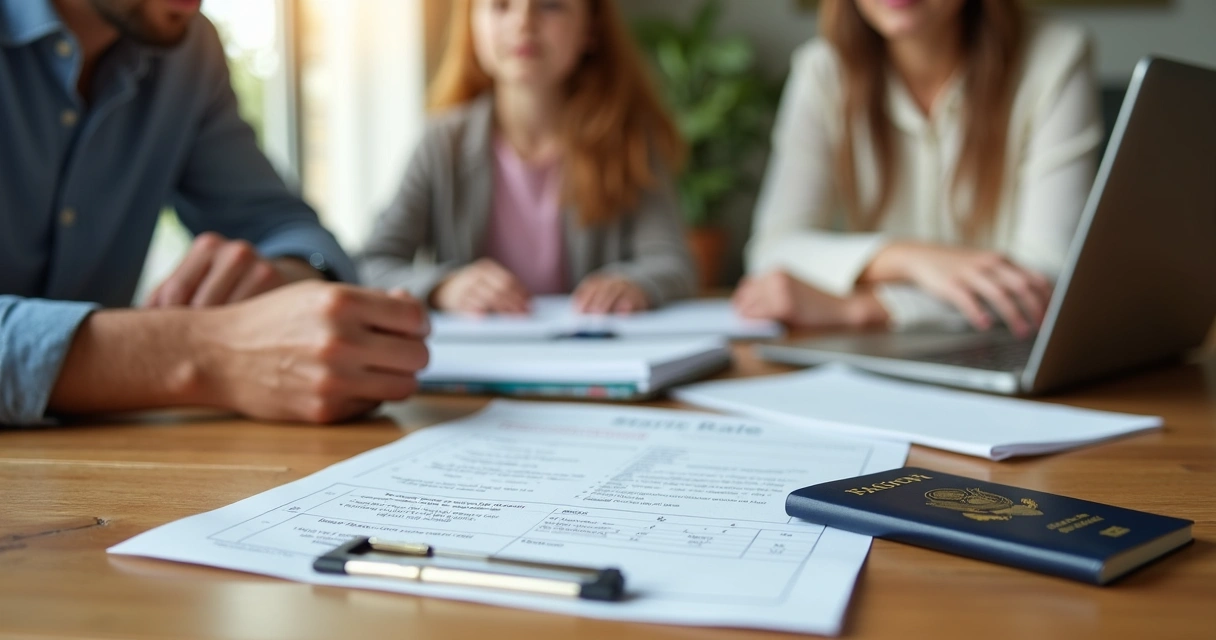 Investor family preparing for U.S. business relocation with documents