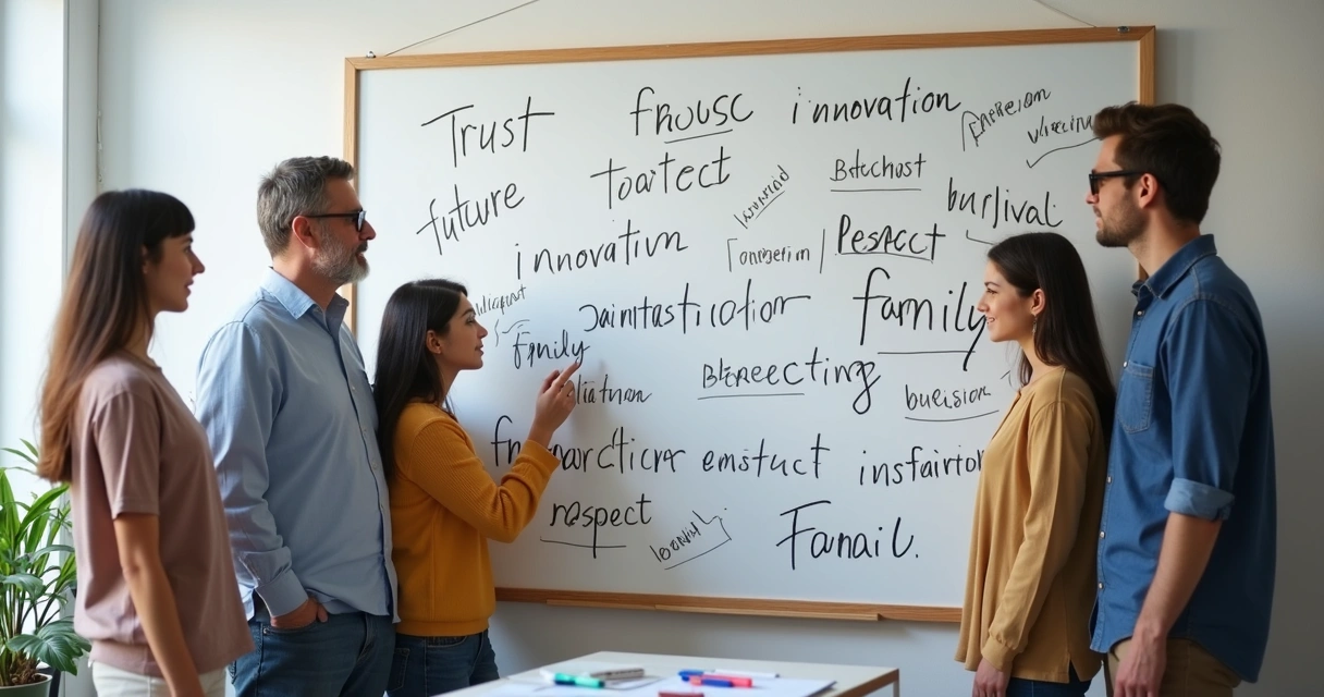 Family charting business values on whiteboard 