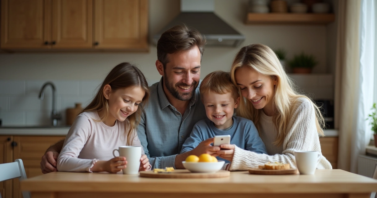 Family of three having a calm conversation at a kitchen table 