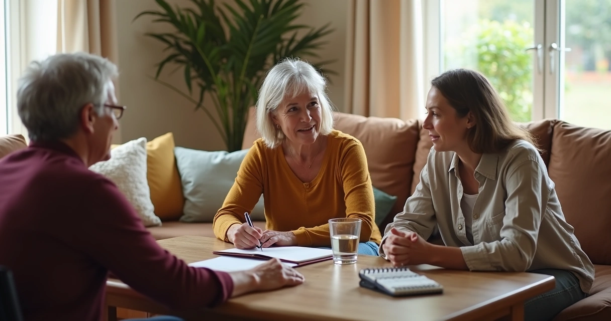 Small family support meeting around a living room table 