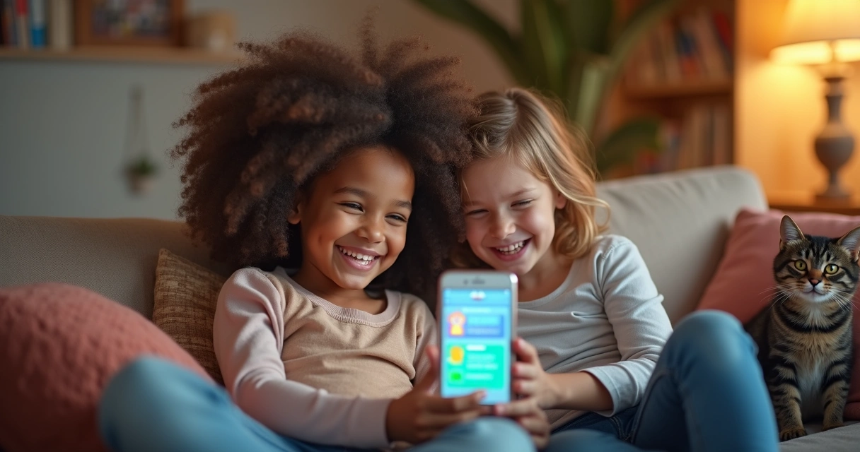 Children using a digital chore app on a phone in living room 